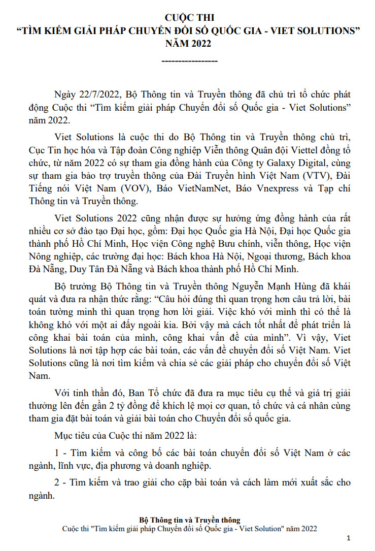 CUỘC THI  “TÌM KIẾM GIẢI PHÁP CHUYỂN ĐỔI SỐ QUỐC GIA - VIET SOLUTIONS” NĂM 2022